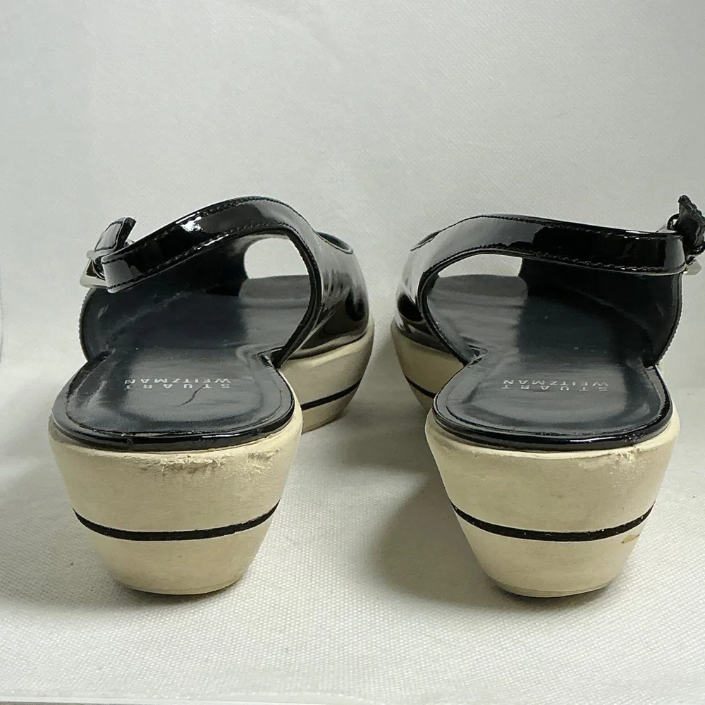 Stuart Weitzman Black Patent Platform Wedge Slingback Sandals Size 9 - Picture 9 of 15